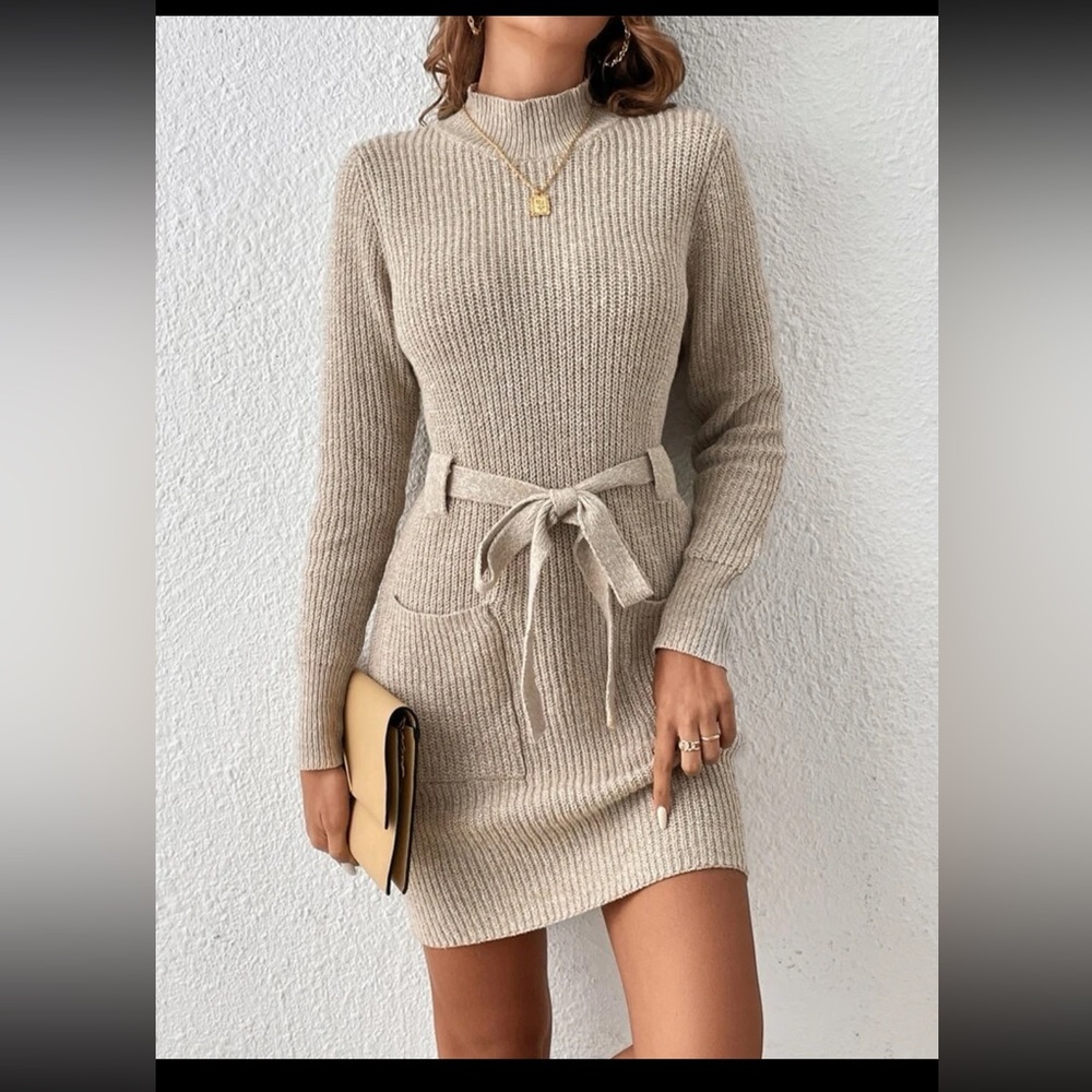 Mock Neck Pocket Patched Belted Sweater Dress